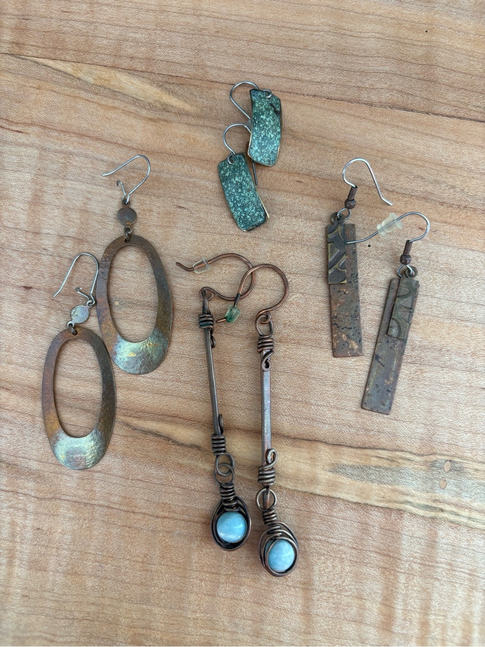 Handcrafted Copper and Patina Mixed-Earrings Set - Green and Bronze Tones
